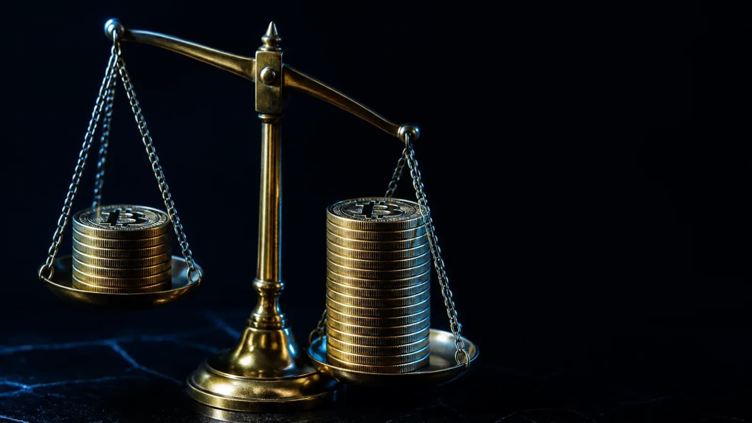 Balance scale holding two unequal stacks of Bitcoin coins, the right one nearly twice as tall, illustrating the two tax models for the German crypto holding period