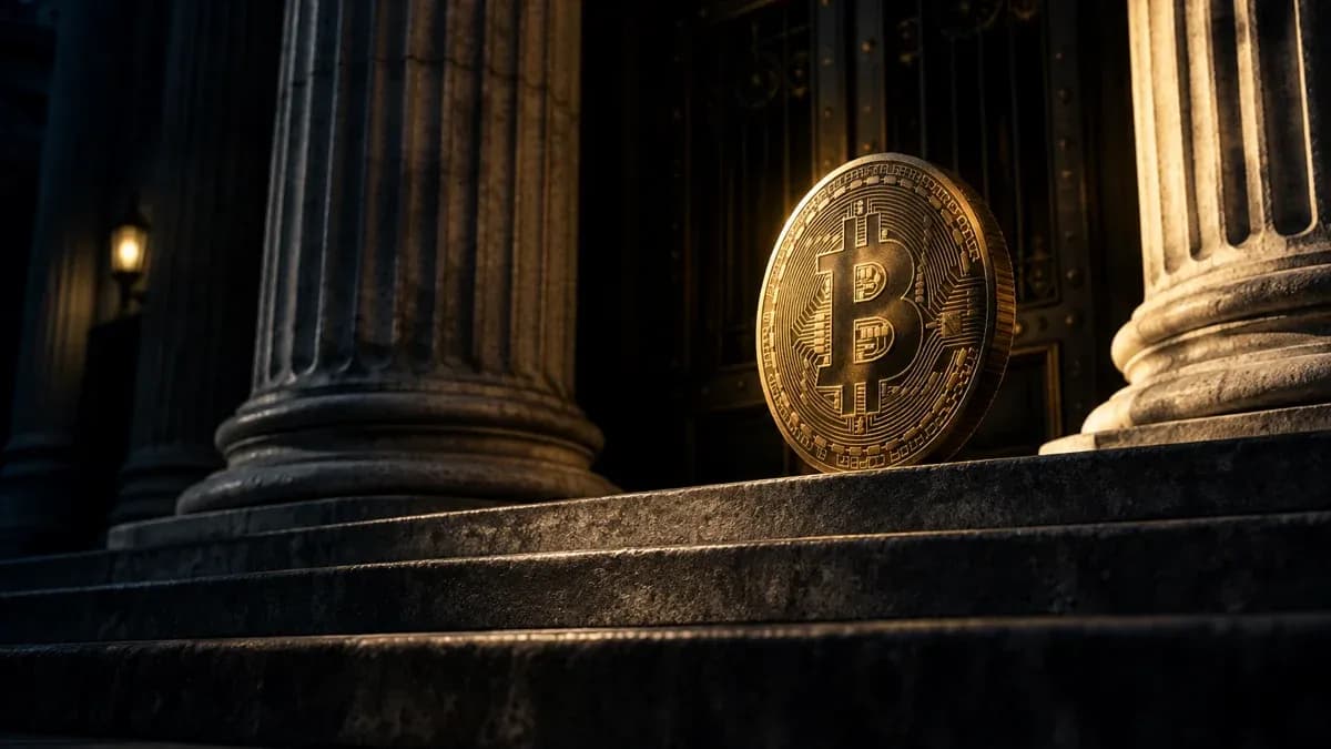 Große goldene Münze mit eingeprägtem Bitcoin-Zeichen auf der obersten Steinstufe vor dem Säulenportal eines klassizistischen Bankgebäudes bei Nacht