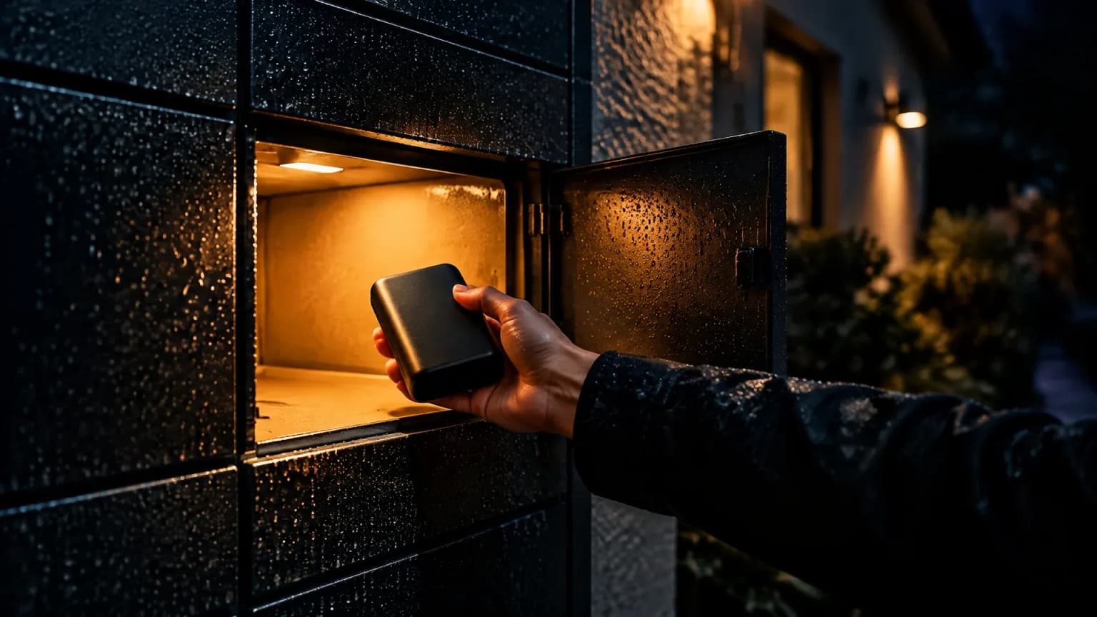 Hand nimmt ein kleines mattschwarzes Gerät ohne Aufdruck aus einem beleuchteten Fach eines Paketautomaten bei Nacht im Regen