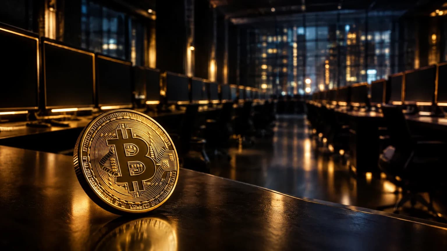 Handelssaal bei Nacht mit leeren Monitorflächen, im Vordergrund eine Metallmünze mit eingeprägtem Bitcoin-Zeichen
