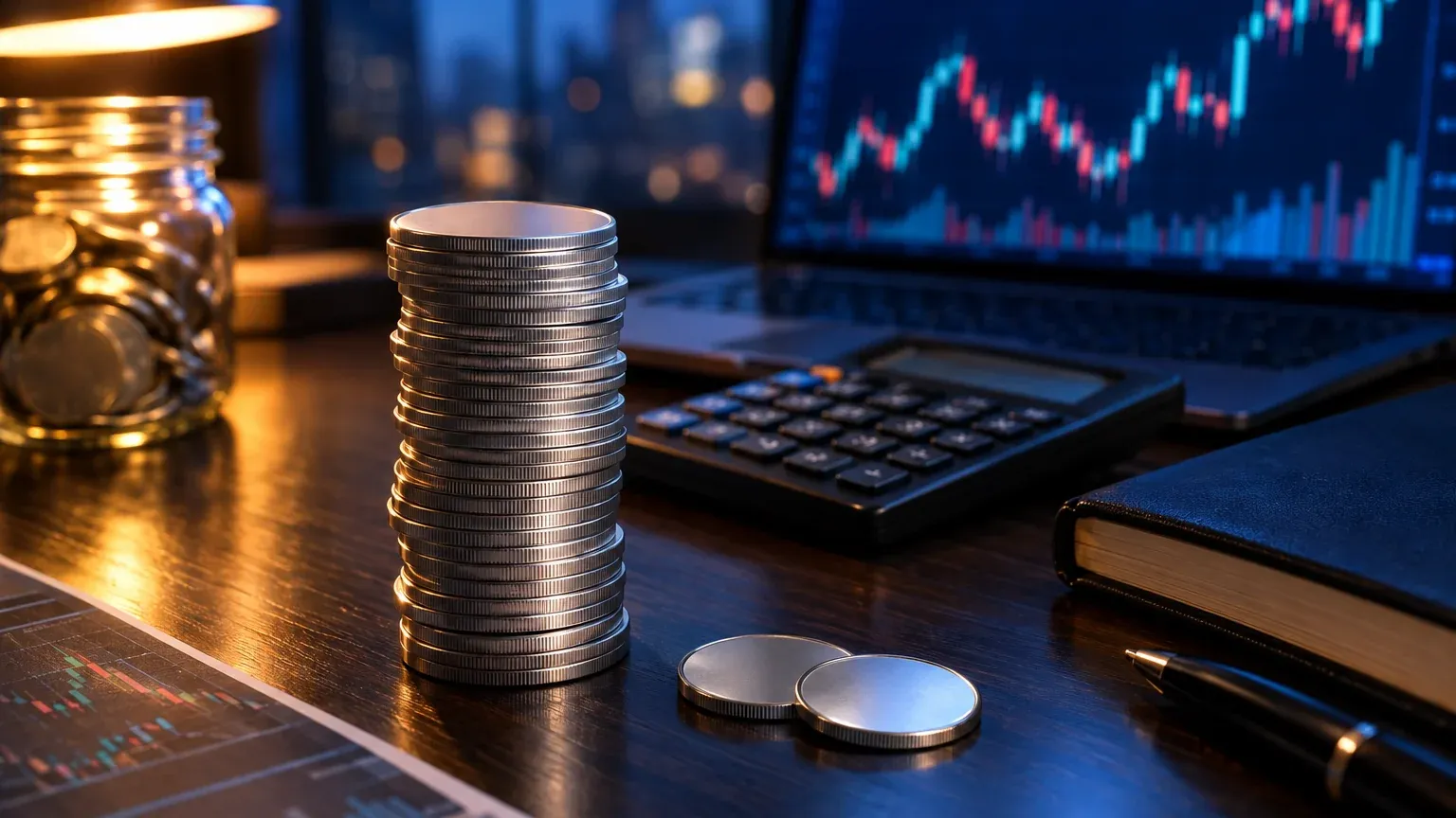 Tall tower of unmarked silver coins beside a calculator and a notebook