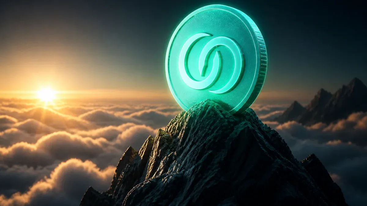 Mintgrün leuchtende Münze auf dem Gipfel eines Felsgrats über einem Wolkenmeer