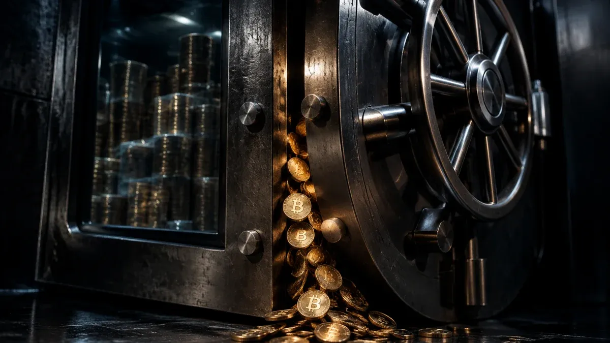 Ein massives Stahltresor-Tor mit rundem Zeitschloss-Rad steht einen Spalt offen, durch den Goldmünzen nach draußen rinnen, während hinter Panzerglas große versiegelte Münzstapel liegen.