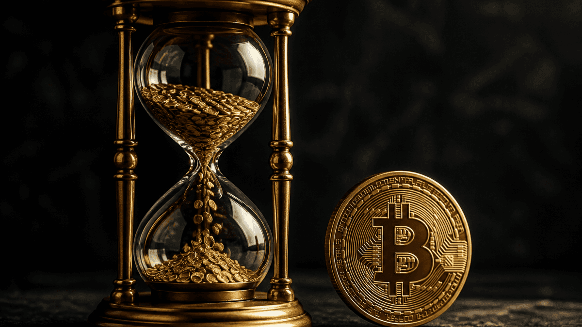 Brass hourglass in which gold coins rather than sand trickle through the narrow waist, beside it a large gold coin standing upright with an embossed Bitcoin symbol
