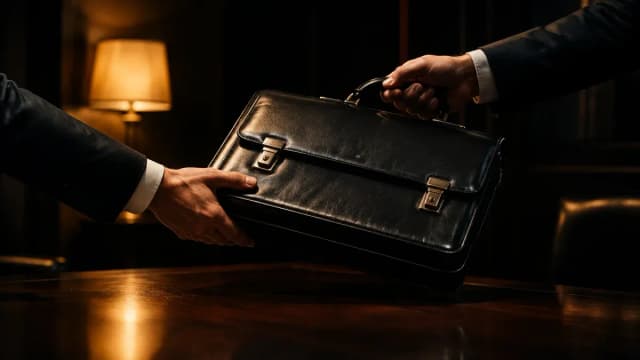 Zwei Hände übergeben einen schwarzen Lederkoffer über einen dunklen Tisch