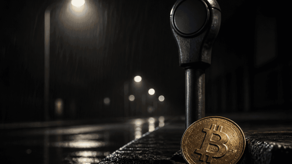 Gusseiserne Parkuhr bei Nacht im Regen mit vollständig blindem, leerem Anzeigefenster, davor eine schwere Münze mit eingeprägtem Bitcoin-Zeichen auf nassem Randstein