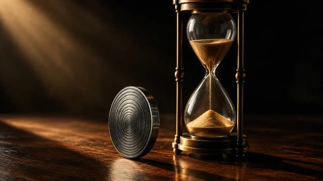 A dark silver coin standing on its edge next to a brass hourglass on a walnut desk