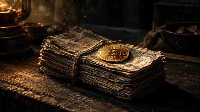 A worn stack of banknotes tied with string on a bazaar counter, a gold Bitcoin coin on top