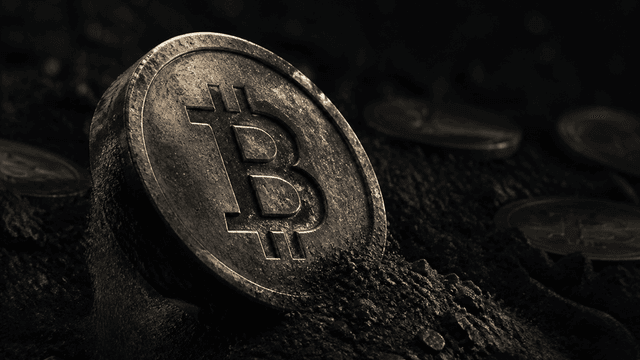 A heavy metal coin with a deeply embossed Bitcoin symbol is lifted out of coarse dark gravel and volcanic sand, dust trickling from its rim, half-buried coins blurred in the darkness behind it