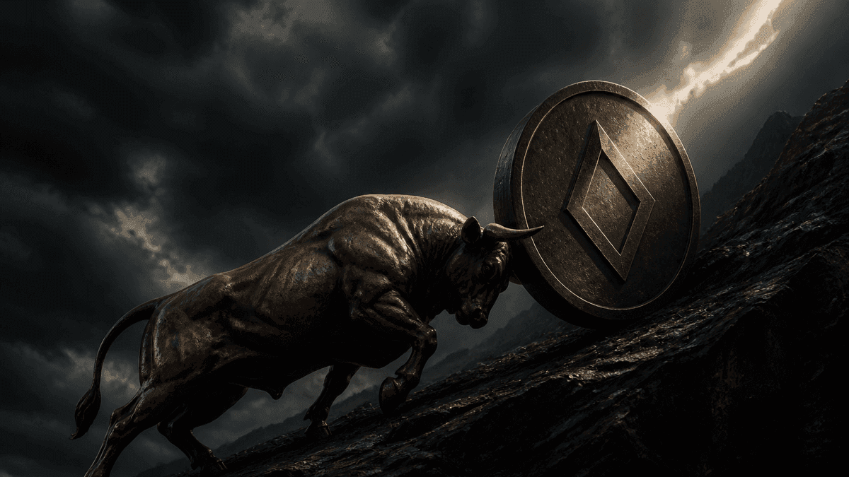Bronze bull pushing an oversized metal coin with an embossed rhombus symbol up a dark rock slope under a breaking storm front