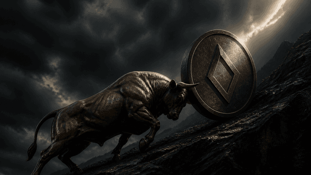 Bronze bull pushing an oversized metal coin with an embossed rhombus symbol up a dark rock slope under a breaking storm front