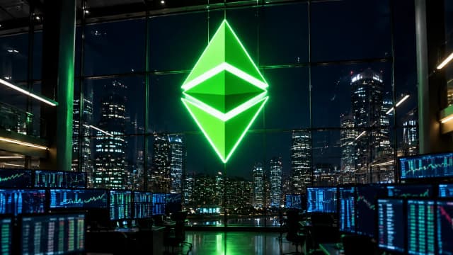 A large illuminated Ethereum Classic symbol on the glass facade of a trading floor at night, with empty desks in rows below and rain on the glass