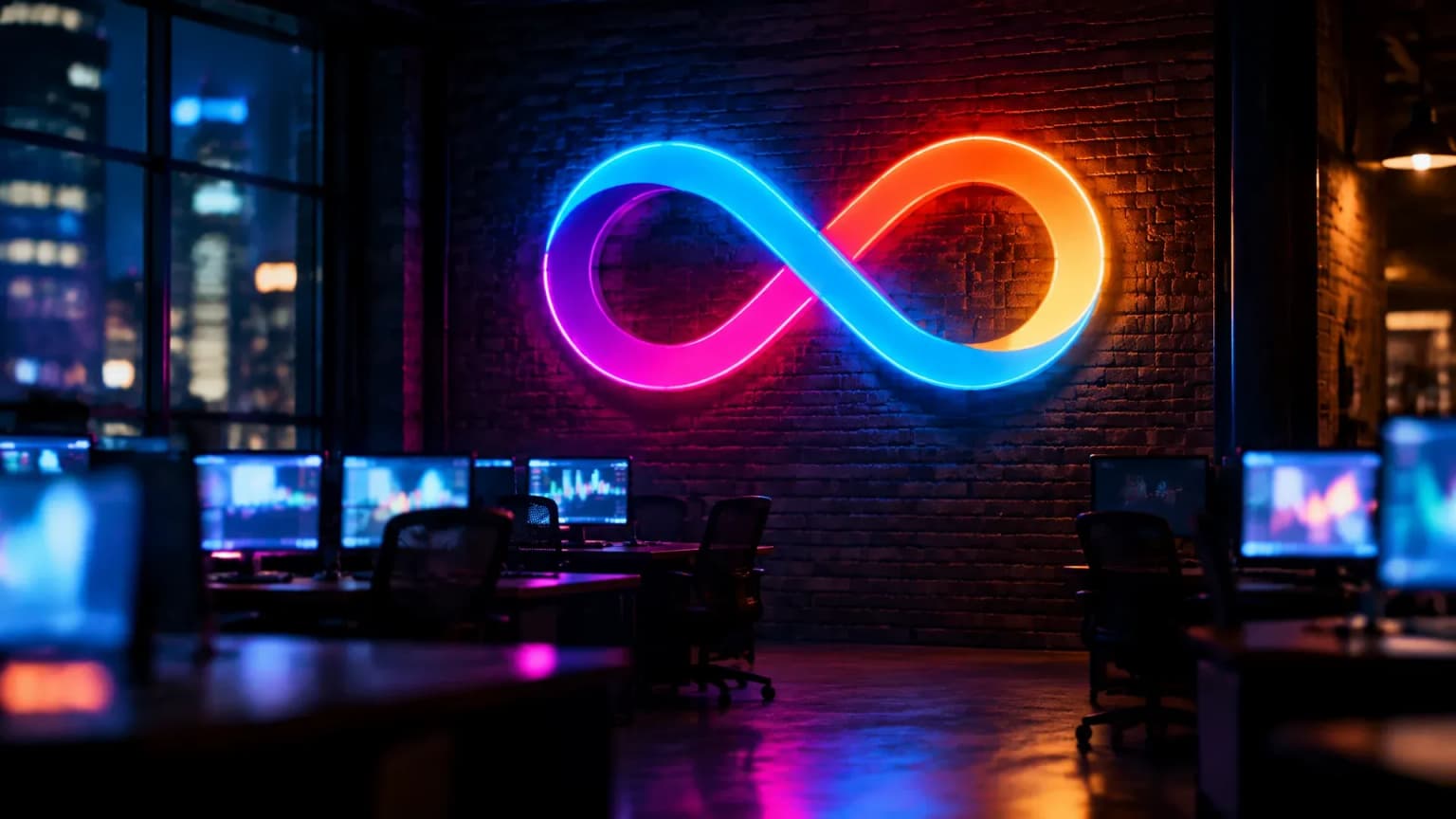 Large neon sign showing the Internet Computer sign on the brick wall of a trading floor at night, with empty desks and screens glowing as soft light surfaces