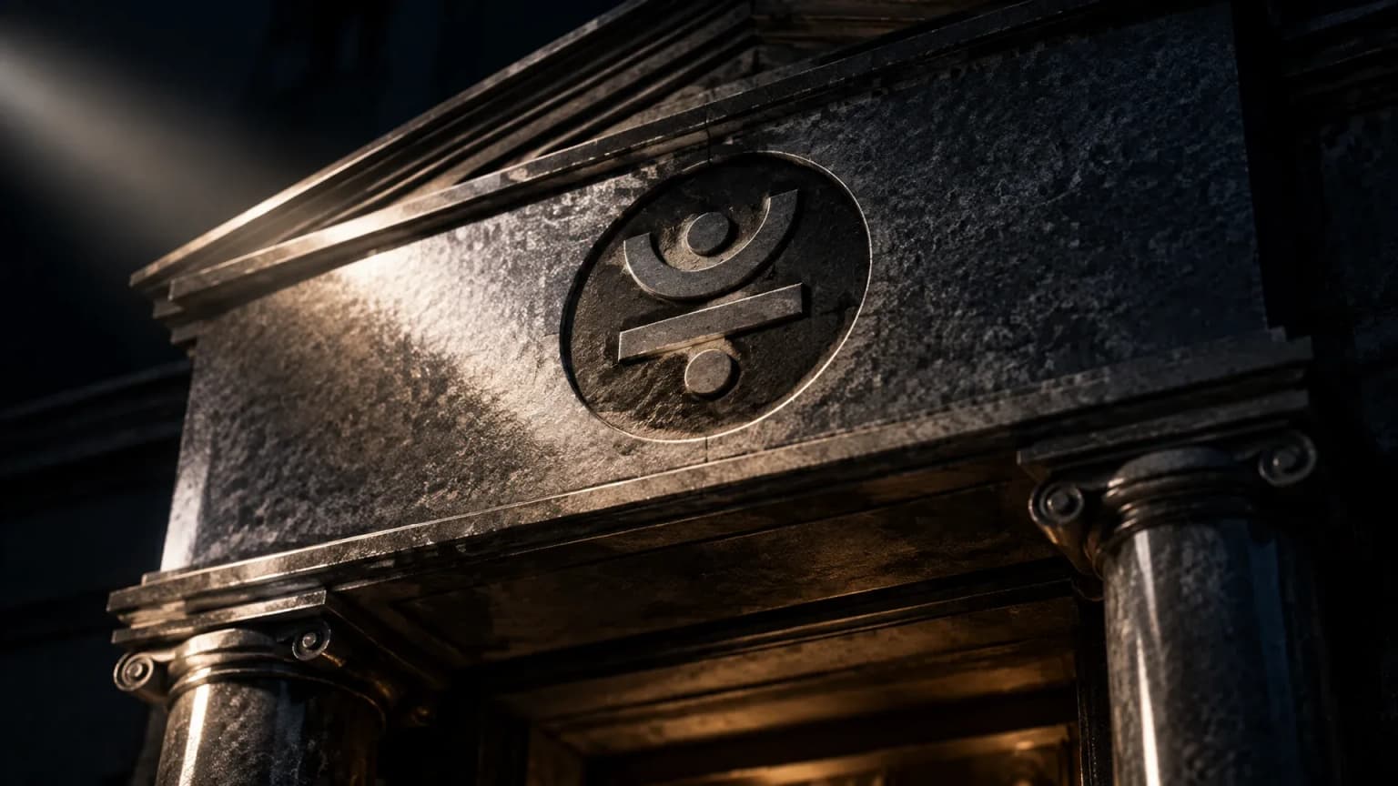 Deep engraving of the JST sign in the polished granite lintel above the entrance of a classicist column portal at night, grazed by a spotlight
