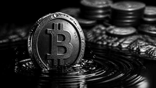 Macro shot of a heavy metal coin with an embossed Bitcoin sign rising out of pitch-black water, concentric ripples spreading around it, a blurred stack of coins on wet dark stone behind