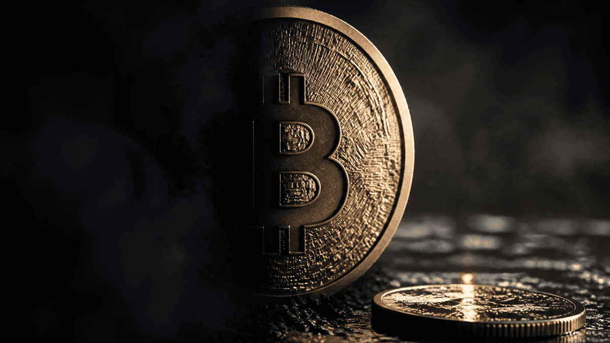 Macro shot of a heavy metal coin with an embossed Bitcoin symbol emerging half-lit from dark haze, a second coin on wet stone beside it