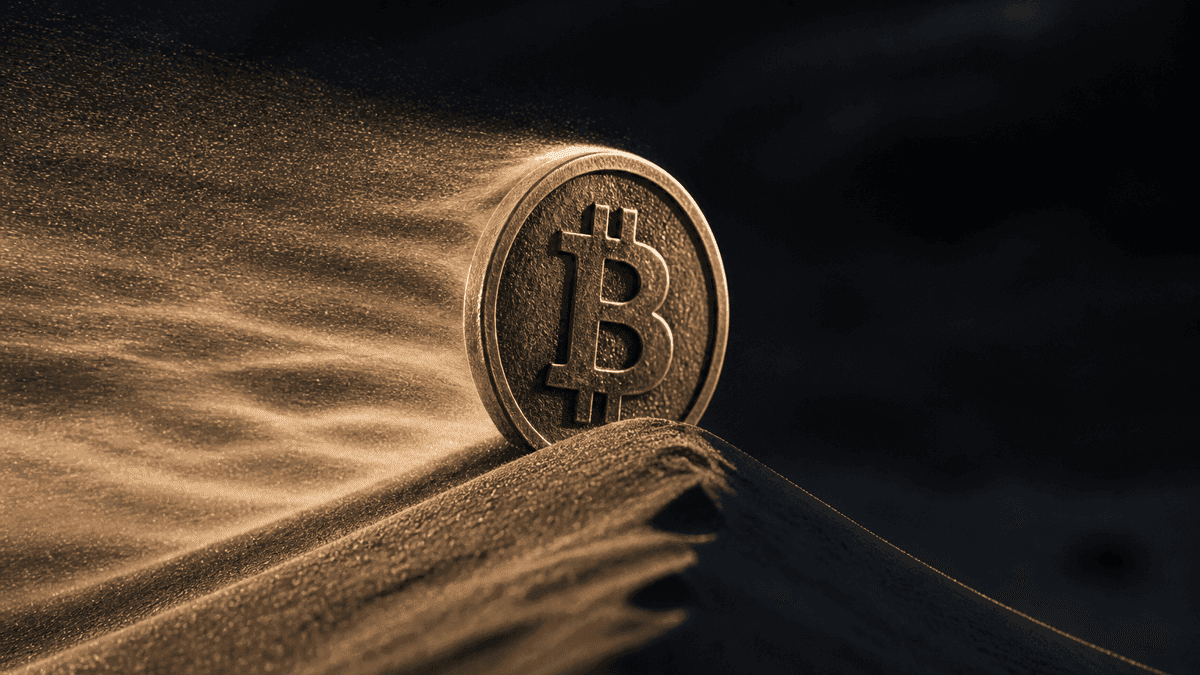 Moneda con el signo de Bitcoin grabado erguida sobre la cresta de una duna de arena oscura, con el viento levantando estelas de arena sobre su canto