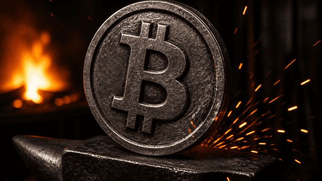 Schwere Metallmuenze mit eingepraegtem Bitcoin-Zeichen steht hochkant auf einem Amboss in einer dunklen Schmiede, Funken stieben zur Seite