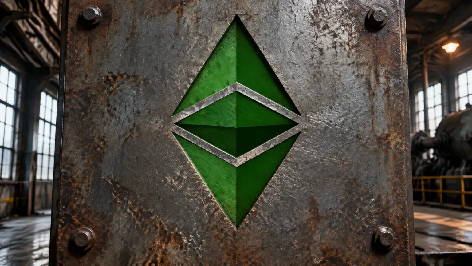 In eine massive Stahlplatte an der Wand einer Maschinenhalle ist das Ethereum-Classic-Zeichen tief eingraviert, dahinter Generatoren im Gegenlicht