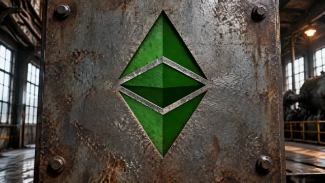 In eine massive Stahlplatte an der Wand einer Maschinenhalle ist das Ethereum-Classic-Zeichen tief eingraviert, dahinter Generatoren im Gegenlicht