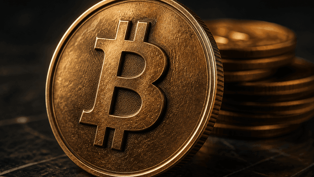Schwere goldene Metallmünze mit tief eingeprägtem Bitcoin-Zeichen im Makro, dahinter ein unscharfer Münzstapel auf dunklem Stein