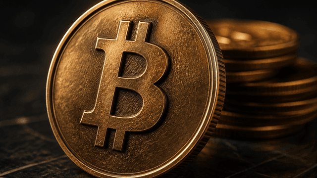 Schwere goldene Metallmuenze mit tief eingepraegtem Bitcoin-Zeichen im Makro, dahinter ein unscharfer Muenzstapel auf dunklem Stein