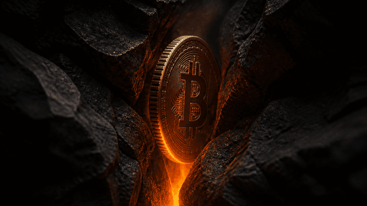 Goldene Münze mit eingeprägtem Bitcoin-Zeichen, hochkant eingeklemmt zwischen dunklen Gesteinsschichten über einer glühenden Spalte