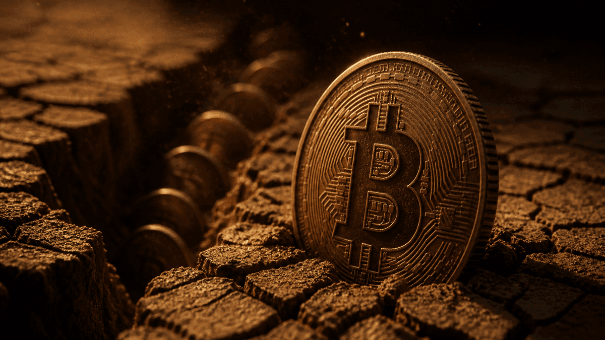 Große Metallmünze mit eingeprägtem Bitcoin-Zeichen, hochkant halb versunken in aufgerissener, tief zerklüfteter Trockenerde, dahinter unscharf weitere Münzen in einer Bodenspalte