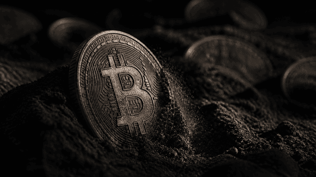 Schwere Metallmuenze mit eingepraegtem Bitcoin-Zeichen, halb in dunkler Vulkanasche versunken und von einem harten Seitenlicht gestreift