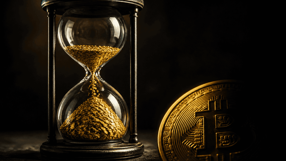 Glaeserne Sanduhr, durch die goldene Muenzen rieseln und sich unten zu einem Berg haeufen, daneben eine schwere Muenze mit eingepraegtem Bitcoin-Zeichen