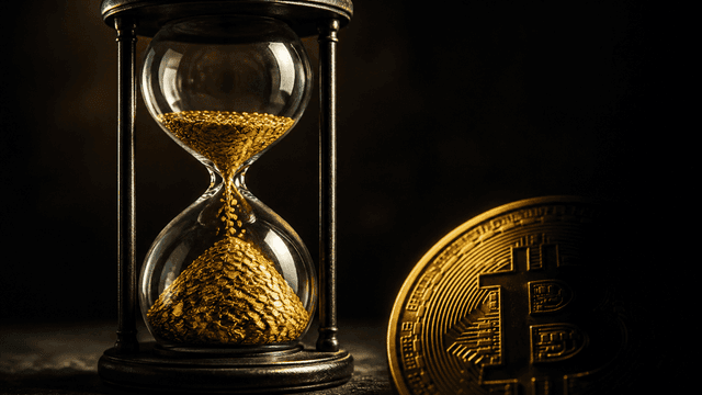 Glaeserne Sanduhr, durch die goldene Muenzen rieseln und sich unten zu einem Berg haeufen, daneben eine schwere Muenze mit eingepraegtem Bitcoin-Zeichen