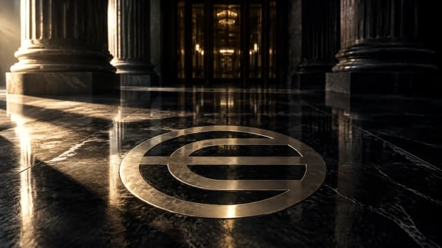 Polierte Metallintarsie mit dem Worldcoin-Zeichen im dunklen Steinboden einer nächtlichen Säulenhalle, Seitenlicht streift darüber