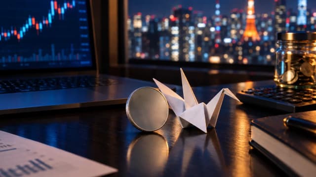 Unmarked silver coin next to a paper crane with night city lights behind
