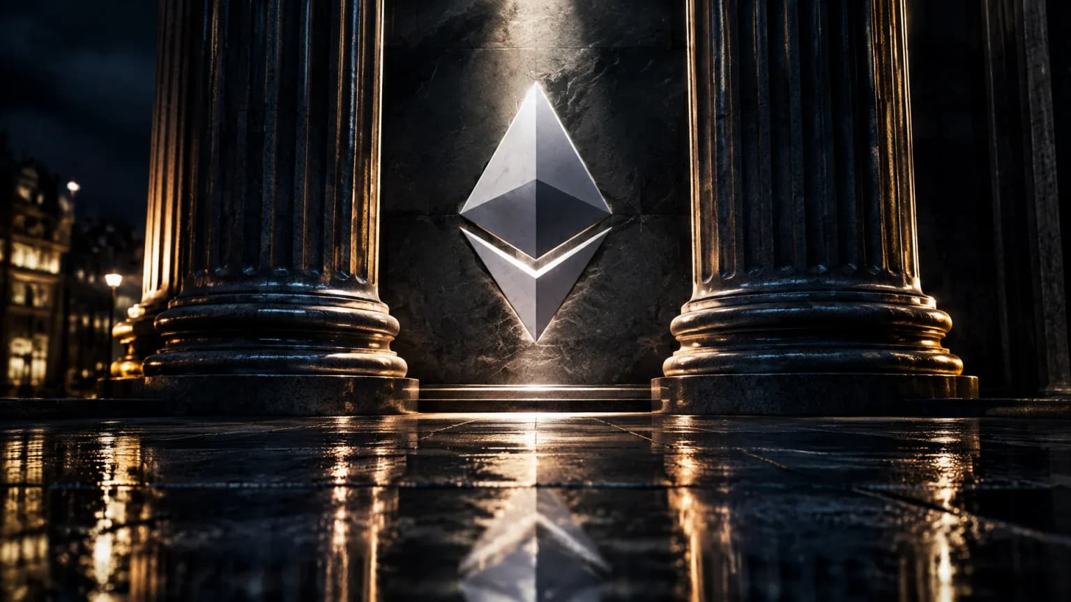 Säulenportal einer Großbank bei Nacht, in der Steinwand dahinter das Ethereum-Zeichen als helle Intarsie