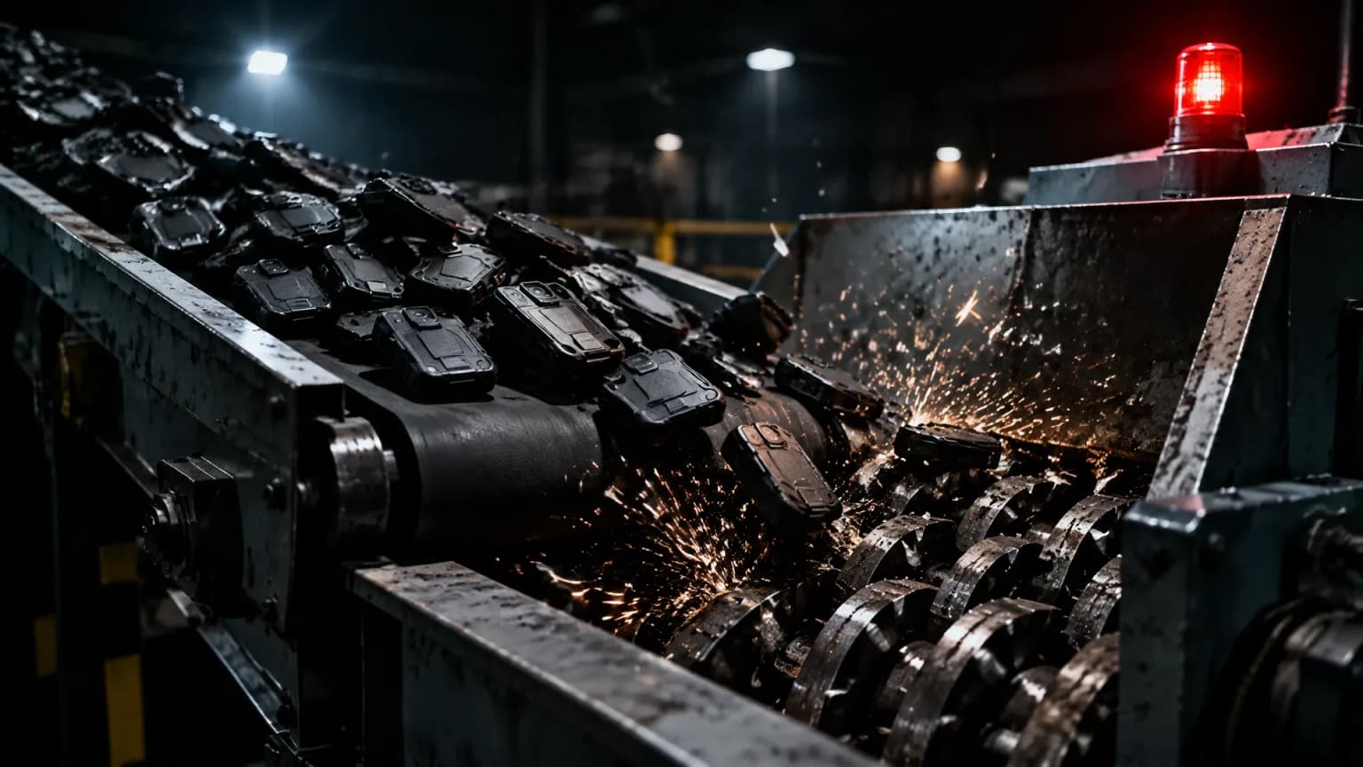 Industrielle Entsorgungshalle bei Nacht, ein Förderband schiebt einen Stapel flacher dunkler Sicherheitsgeräte in einen Metallschredder, rotes Warnlicht