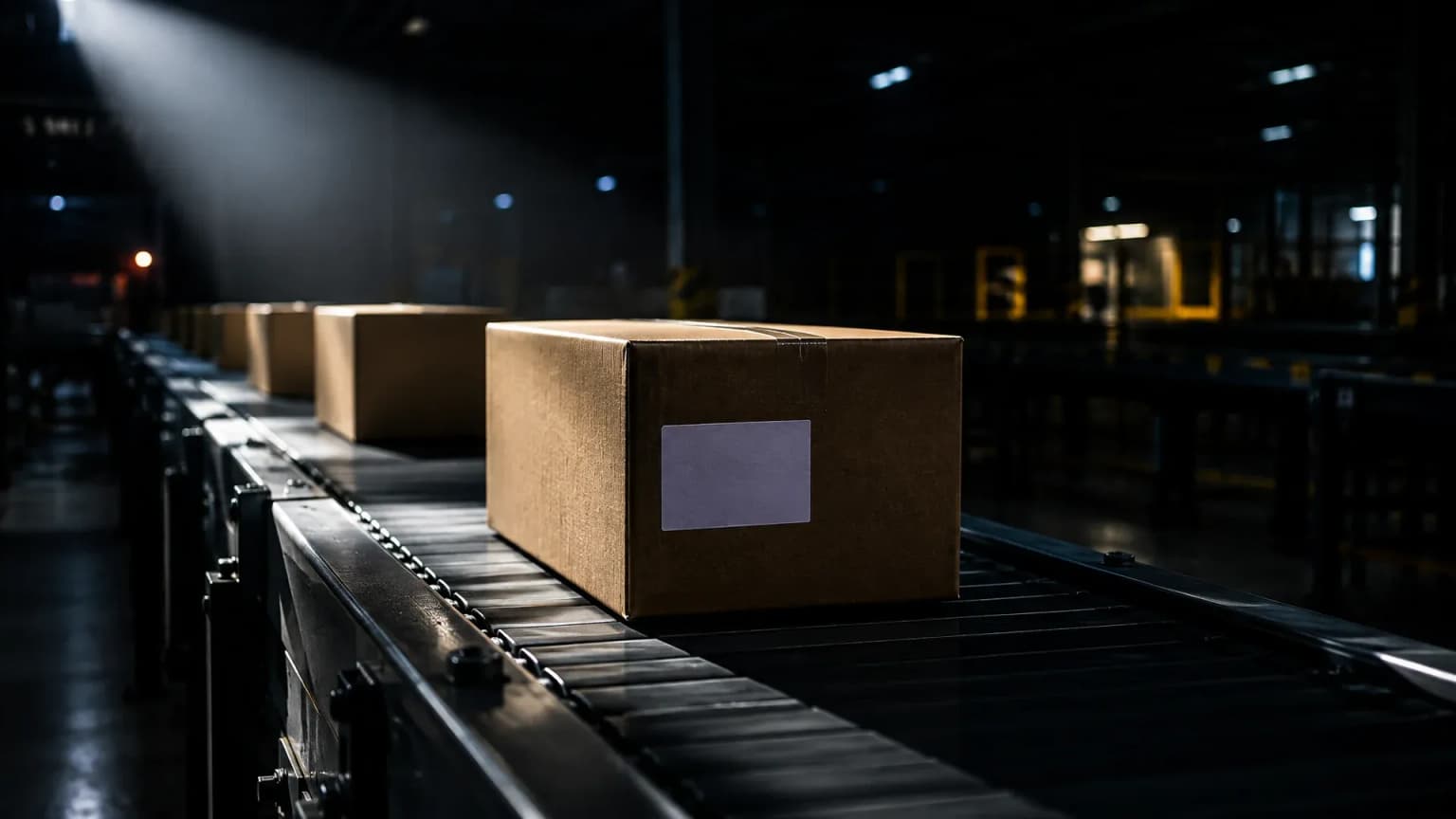 Nächtliche Paketsortierhalle, ein Förderband mit unbedruckten Kartons, auf dem vordersten ein leeres weißes Versandetikett im harten Lichtkegel