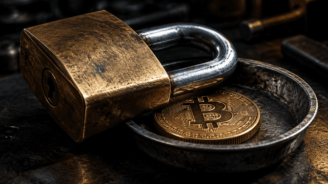 Schweres Messing-Vorhaengeschloss quer ueber einer Metallschale mit einer Muenze, die ein Bitcoin-Zeichen traegt