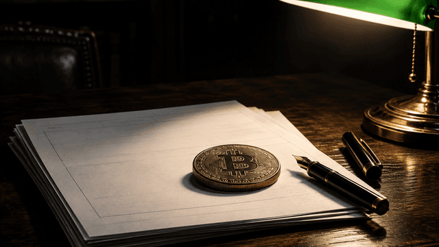 Unbedruckte Formularbogen auf dunklem Holztisch, darauf eine schwere Metallmünze mit eingeprägtem Bitcoin-Zeichen, daneben Füllfederhalter und Bankierslampe