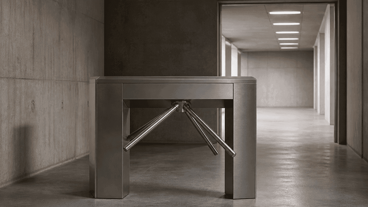Eine schwere Drehsperre aus mattem Stahl in einer Betonhalle, die Sperrarme halb gedreht und blockiert, dahinter ein offener Durchgang