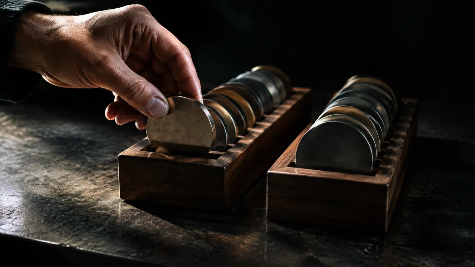 Zwei getrennte flache Holzfaecher mit je einer Reihe schwerer Metallmarken auf einem dunklen Werktisch, eine Hand entnimmt die vorderste Marke aus dem linken Fach