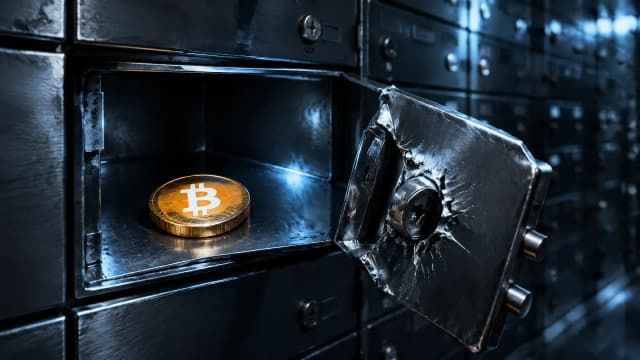 Aufgebrochenes Schließfach mit einer Bitcoin-Münze, Sinnbild für gestohlene Krypto und Krypto-Betrug