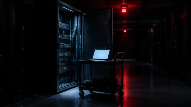 Geöffneter Serverschrank in einem dunklen Rechenzentrum, davor ein Rollwagen mit aufgeklapptem Notebook und ein rotes Warnlicht an der Decke