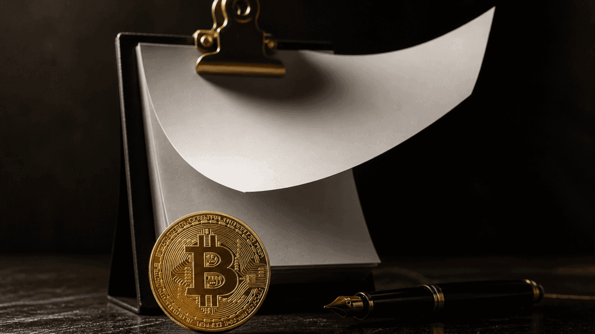 Umblätterndes leeres Kalenderblatt an einem Messingclip, davor eine aufrecht stehende Goldmünze mit eingeprägtem Bitcoin-Zeichen auf dunklem Holz