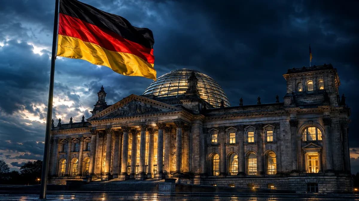 Reichstagsgebäude in der Abenddämmerung, davor eine Deutschlandflagge im Wind unter aufziehenden Wolken