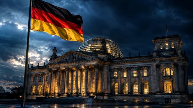 Reichstagsgebäude in der Abenddämmerung, davor eine Deutschlandflagge im Wind unter aufziehenden Wolken