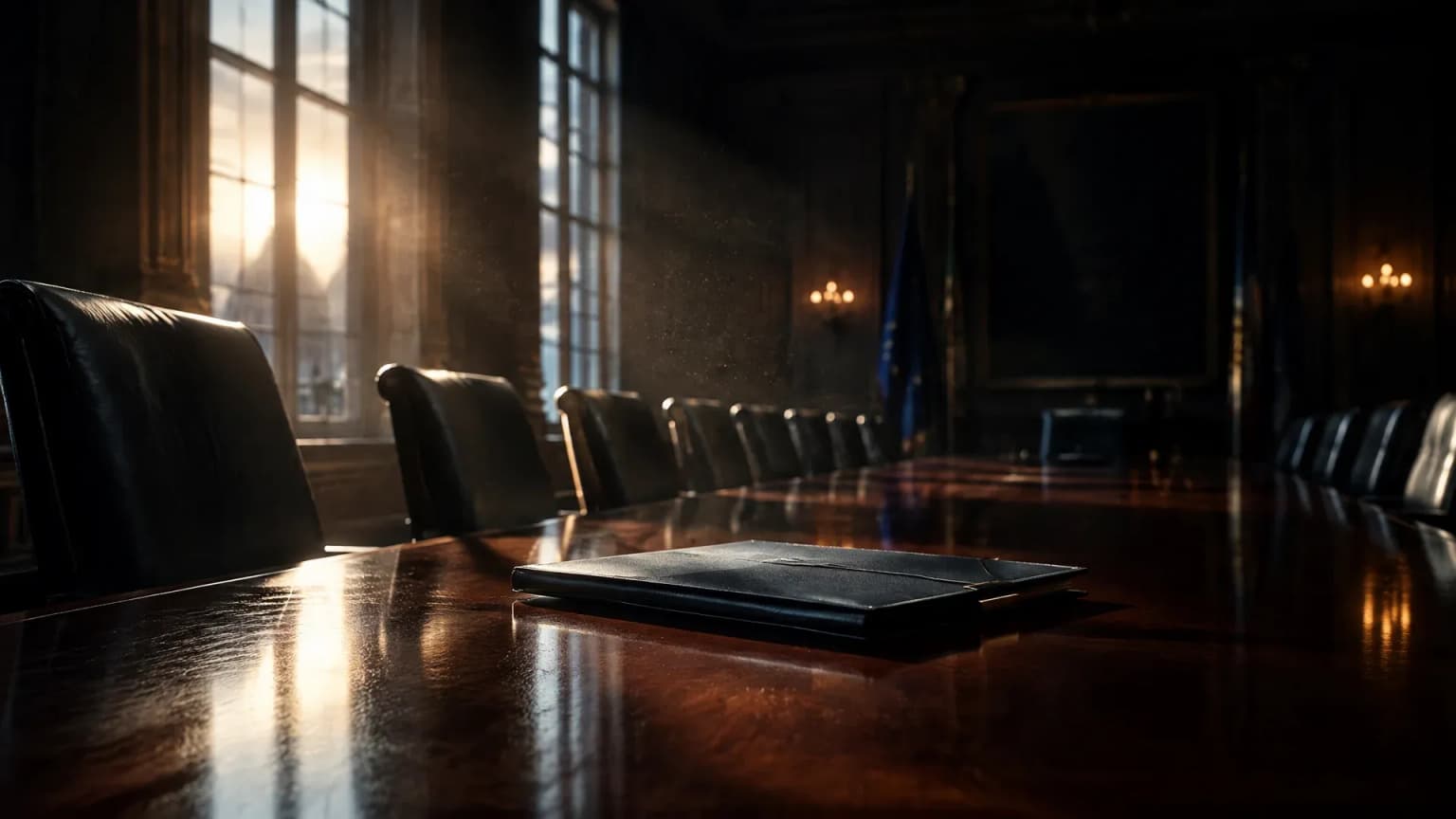 Sala del Consejo de Ministros vacía al atardecer, con una larga mesa de conferencias, sillas libres y una carpeta de documentos sin abrir ante un asiento vacío