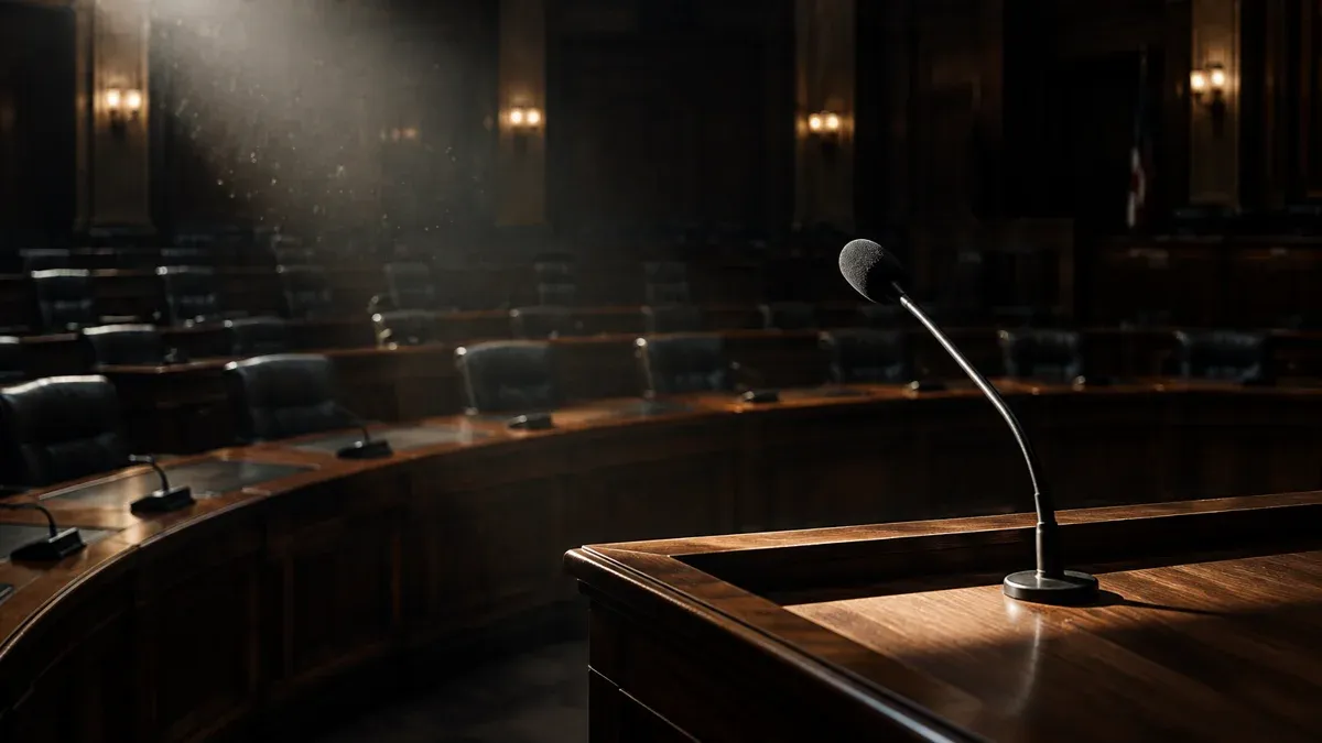 Sala de comisión vacía con paneles de madera, mesas dispuestas en semicírculo con micrófonos y un micrófono iluminado en primer plano