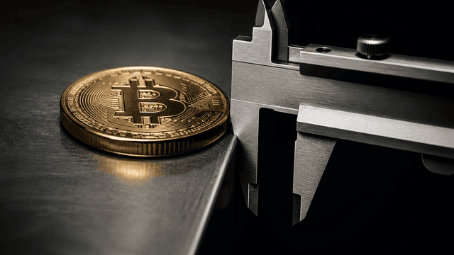 Ein Messschieber aus Stahl misst den schmalen Spalt zwischen einer Bitcoin-Münze und der Kante einer Messplatte, dahinter fällt der Grund ins Dunkle ab