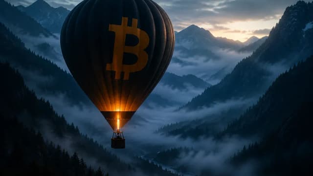 Ein dunkler Heißluftballon sinkt in der Morgendämmerung langsam in ein nebliges Bergtal