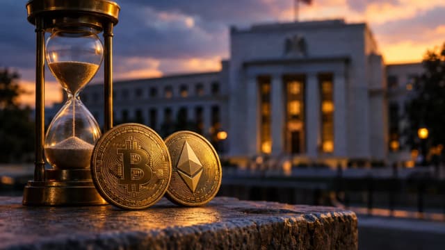 Goldene Bitcoin- und Ethereum-Münze mit Sanduhr vor einer Notenbank-Fassade mit Säulen
